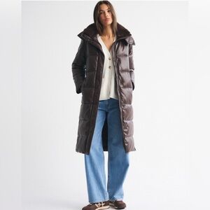 NWT Abercrombie & Fitch Vegan Leather Long Puffer Coat in Coffee XS P (Petite)